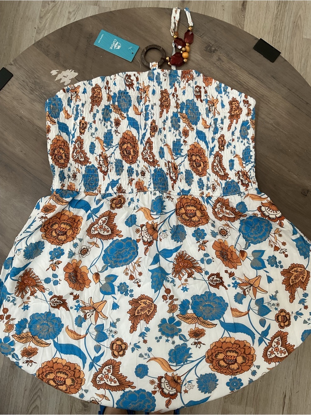 Cupshe White Floral Strapless Mini Dress with Blue and Brown Flowers Halter bead